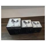 3 Wooden Rooster Boxes w/Lids