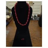 Red Round Beaded Necklace and Earrings