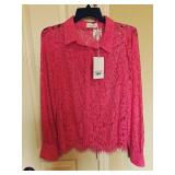 NWT Sheer Lace Button Up Top Pink Sz Small