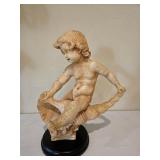Very Heavy "Boy Riding Seashell" on Wooden Base