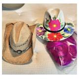 Straw Hat, Hand Painted Hat & Pink Wig M, L