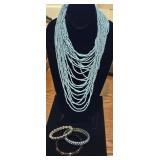 Blue Beaded Multi Strand Necklace & (3) Beaded