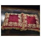 (2) Very Nice Red Velvet Throw Pillows w/Gold