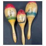 3 VTG Hand Painted Wood Maracas 10" & 9.5"