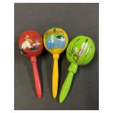3 Vintage Hand Painted Mexico Wood Maracas 7"