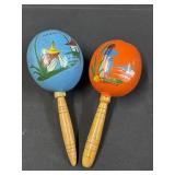 2 Vintage Hand Painted Wood Mexico Maracas 8"
