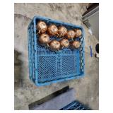 (9) copper metal Drink Cups as is blue crate