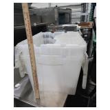 2 plastic totes with attached lids.