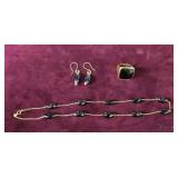 14K/Black Onyx Necklace/Earrings + Sz 7 Black