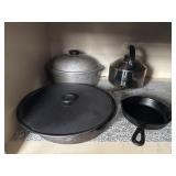 (2) Cast Iron Skillets, Tea Kettle, Vintage