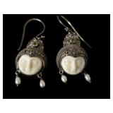 Hand Carved  Moon Face Earrings Sterling Silver