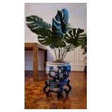 Faux Split Leaf Plant w/Oriental Pot & Wooden Base