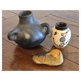 (2) Mini Pottery Vases & Painted Lady Stone