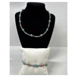 2Pc Set 925 Silver Turquoise Beaded Charm 17"