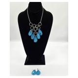 Blue & Silver Tone Necklace & Earrings
