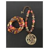 Pink, Purple, Gold Tone Necklace and Bracelet