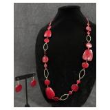 (2) Pc Red Beaded & Earrings Necklace