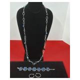 18" Blue Beaded Necklace, Blue Stone Bracelet +