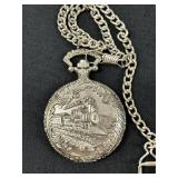 VTG Train Locomotive Silver Pocket Watch Round