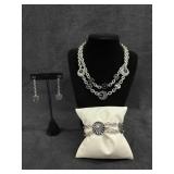 (3) Pc, Silver Tone Necklace, Earrings, Bracelet