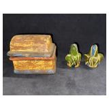 Vintage Pottery Trinket Box & Cactus Salt Shakers