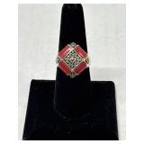 VTG Red Coral 925 Silver Ring Sz8