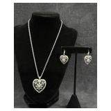 (2)Pc, Silver Tone Black Heart & Earrings