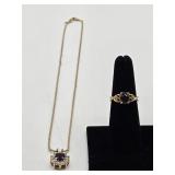 Faux Ruby Necklace & Ring Sz 6
