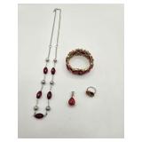 (1) Red/Silver Beaded Necklace,  (1) PD