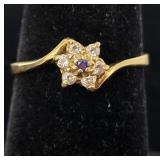 14K Gold & Diamond Flower Ring Sz 7