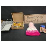 Beware of Dog Sign, Box of Pencils, Basket, Pink