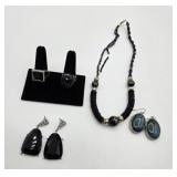 Black Beaded Necklace,  (2) Rings & (2) Prs