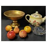 Decorative Tea Pot, Glass Fruit, Gold Tone