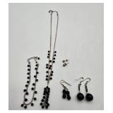Black Beaded Necklace, Bracelet & (3) Prs Earrings