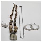 Earth Tone & Silver Beaded Necklace, Silver Tone