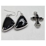 Black & Silver Tone Earrings & Cross Pendant