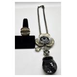 Large Smokey Grey Stone Necklace & Fashion Ring