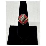 VTG Red Coral 925 Silver Ring Sz8