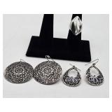 Silver Tone Ring Sz 6.75 & (2) Prs Earrings
