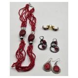 Red Beaded Necklace & (3) Prs Earrings