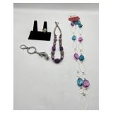 Purple & Silver Beaded Necklace, Light Blue &