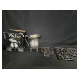 Silver Plated Pitcher, (3) NWT Trivet Set