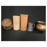 Vtg Copper Fish Mold, (2) Clay Crocks, Glass