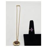 Purple Stone Locket & Birthstone Ring Sz 7
