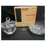 (13) Champagne Flutes, Lidded Bowl & Vintage