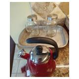 Kettle, Mason Jars Glasses, Pan