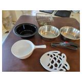 (3) Dog Bowls, Basket, Cast Iron Trivet, Corning