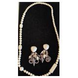 Carved Bead Necklace & Clip On Earrings