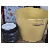 Yellow Bucket w_Wood Handles, (5) 7" Plastic
