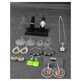 (1) Crystal Necklace, (7) Prs Earrings & (2) Rings